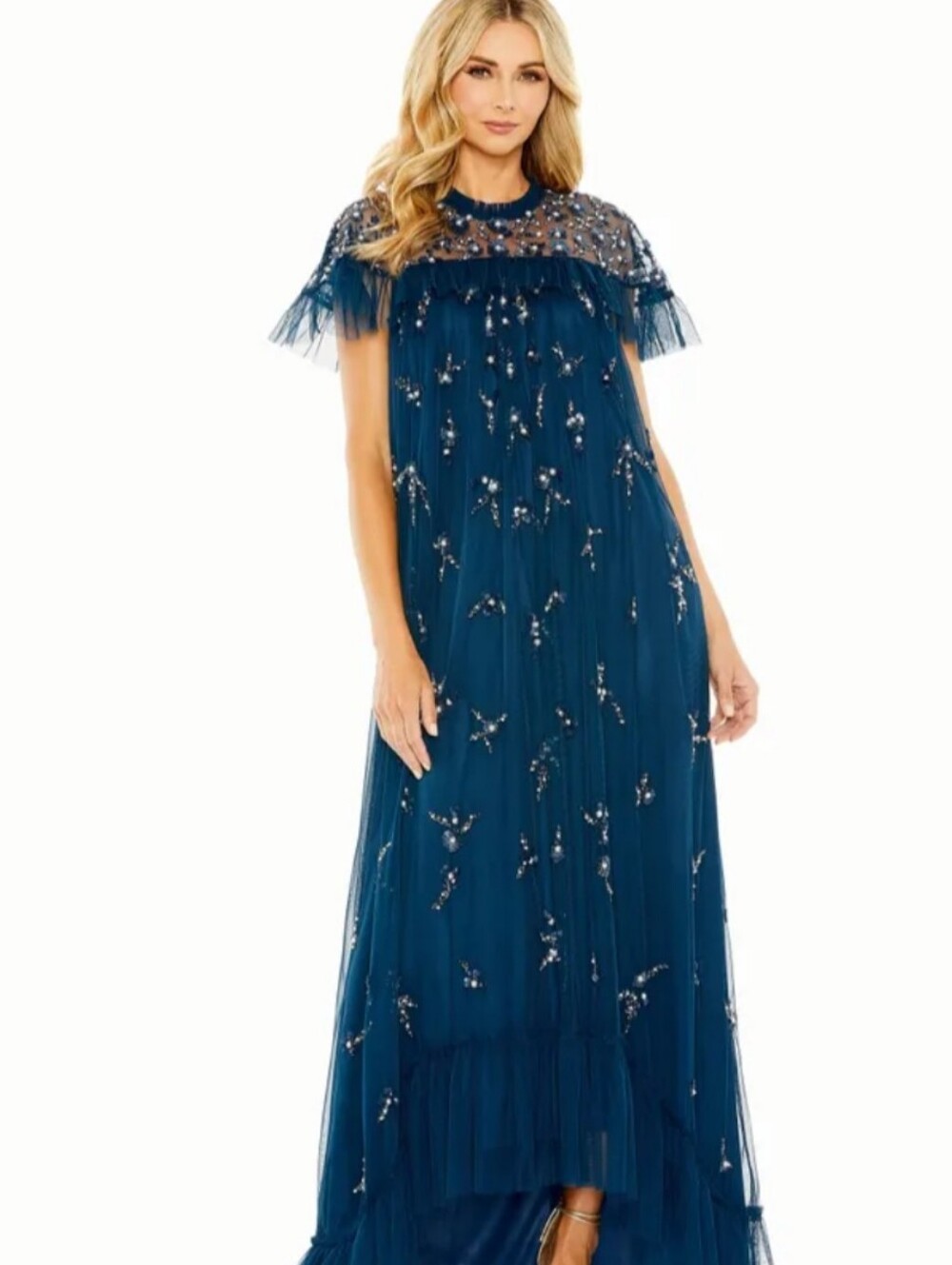 Mav Duggal Embellished Navy Tulle Maxi Dress  Style 9262 Nwt Size 16